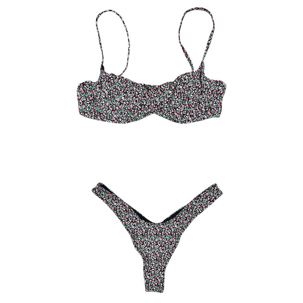 Frankies Bikinis 2 Piece Balconette Bikini Top & Micro Bikini Bottom Swim Set